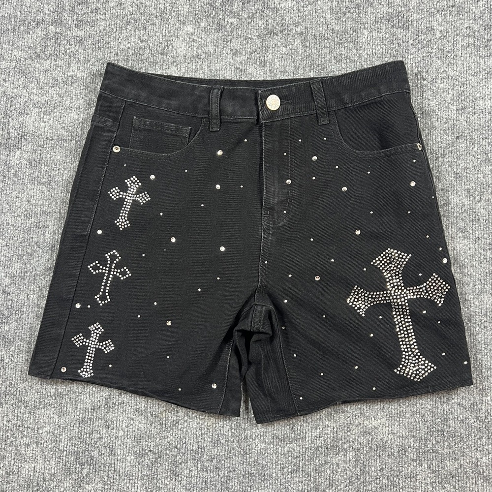 Womens Denim Shorts 30 Black Dark Wash Cotton High Rise Rhinestone Streetwear